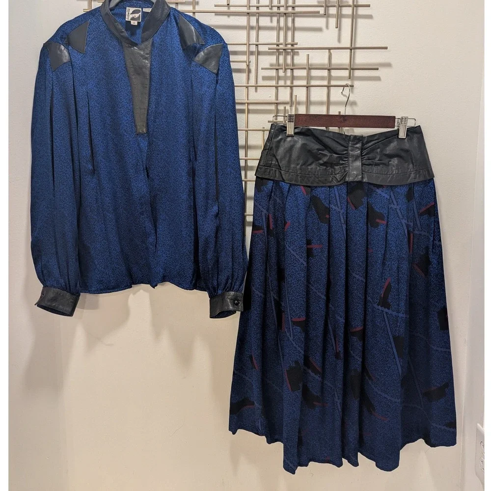 VTG 80's Designer Silk Leather Trim Blouse & Skirt 2 Pc Set Black Cobalt Sz 10